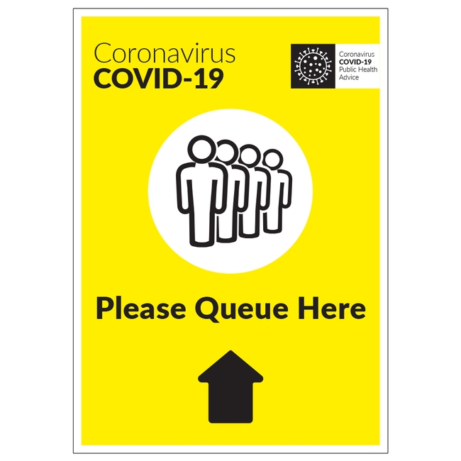 COVID-19 Please Queue Here Arrow Up Sign